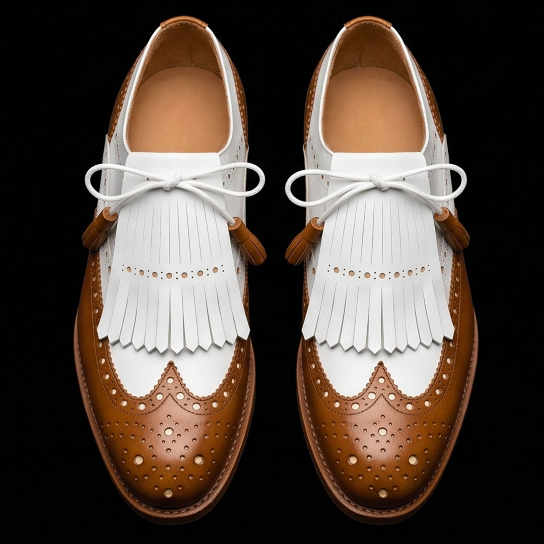 Men's Tan Brown & White Leather Fringed Wingtip Shoes