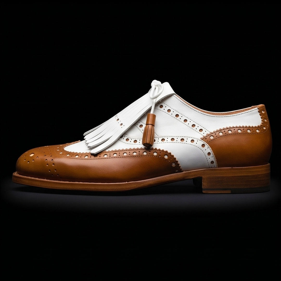 Men's Tan Brown & White Leather Fringed Wingtip Shoes