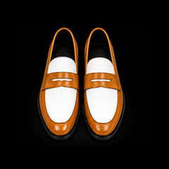 Men's Tan Brown & White Leather Penny Loafers