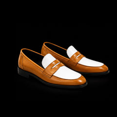 Men's Tan Brown & White Leather Penny Loafers