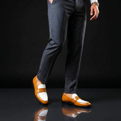 Men's Tan Brown & White Leather Penny Loafers