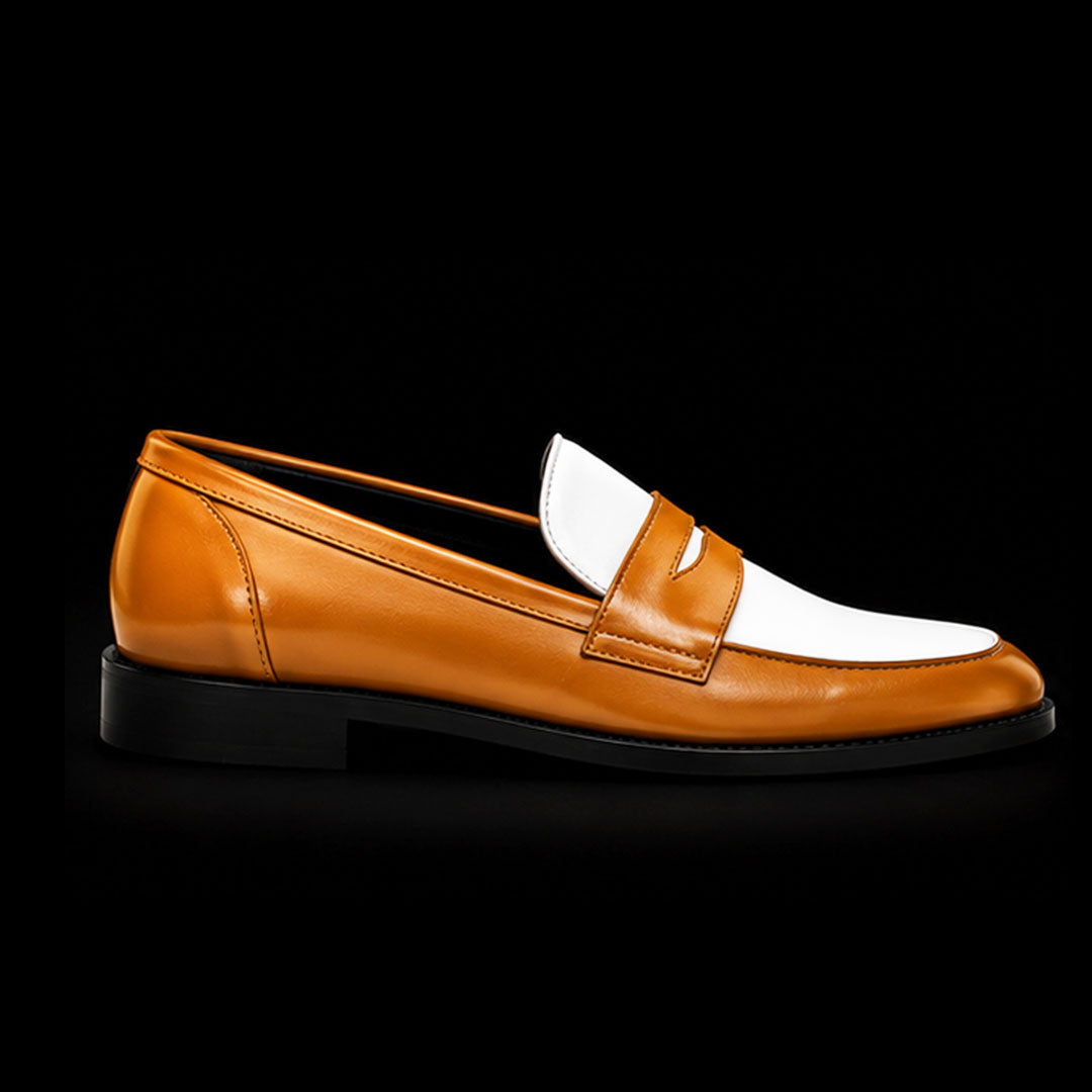Men's Tan Brown & White Leather Penny Loafers