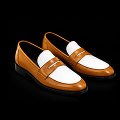 Men's Tan Brown & White Leather Penny Loafers