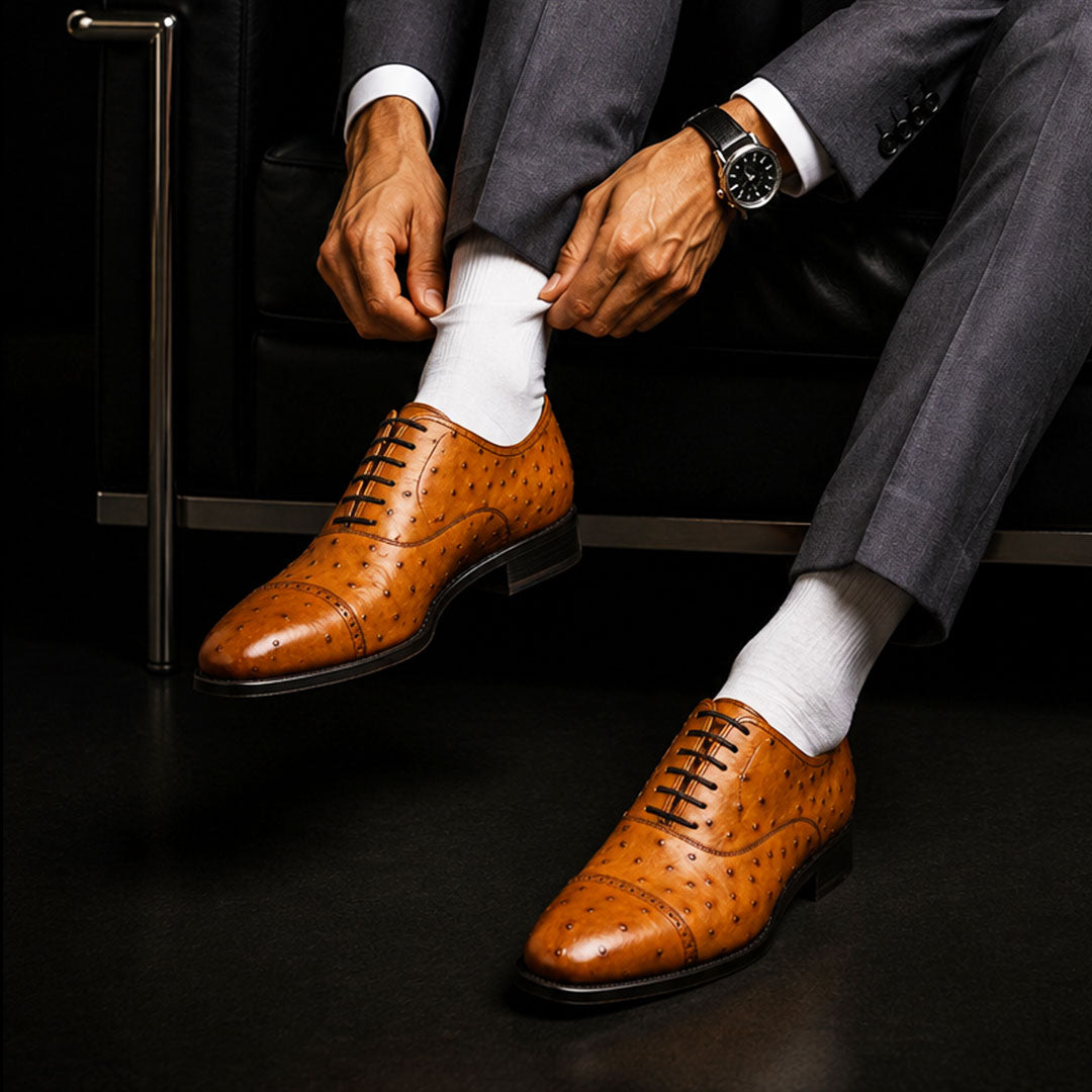 Men's Tan Ostrich Impression Leather Oxford Shoes