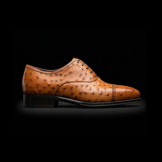 Men's Tan Ostrich Impression Leather Oxford Shoes
