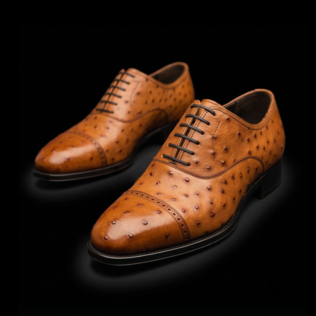 Men's Tan Ostrich Impression Leather Oxford Shoes