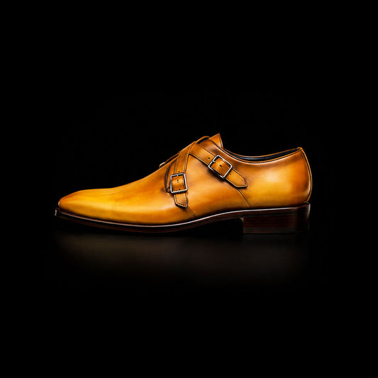 Men's Tan Yellow Patina Leather Cross Monk Shoes