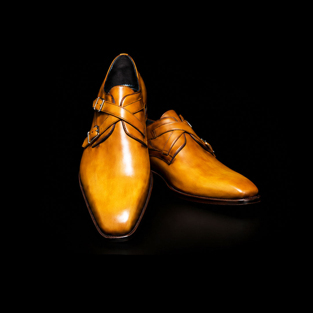 Men's Tan Yellow Patina Leather Cross Monk Shoes