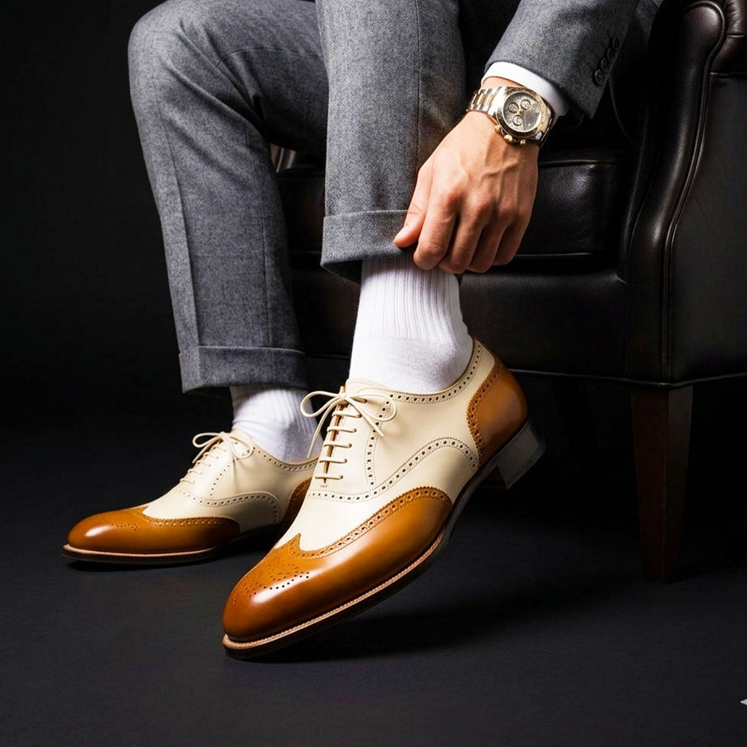 Men's Tan & White Leather Wingtip Dress Shoes