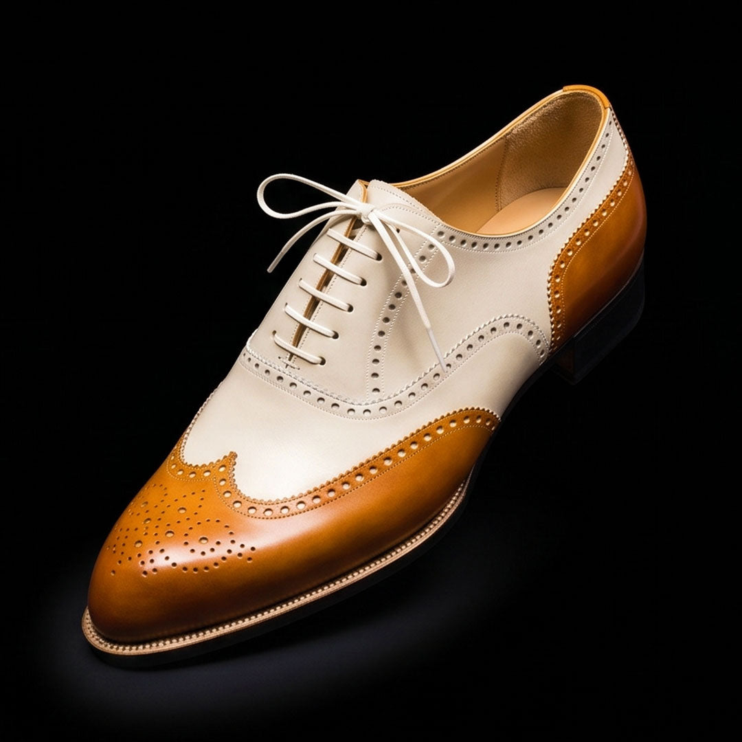 Men's Tan & White Leather Wingtip Dress Shoes