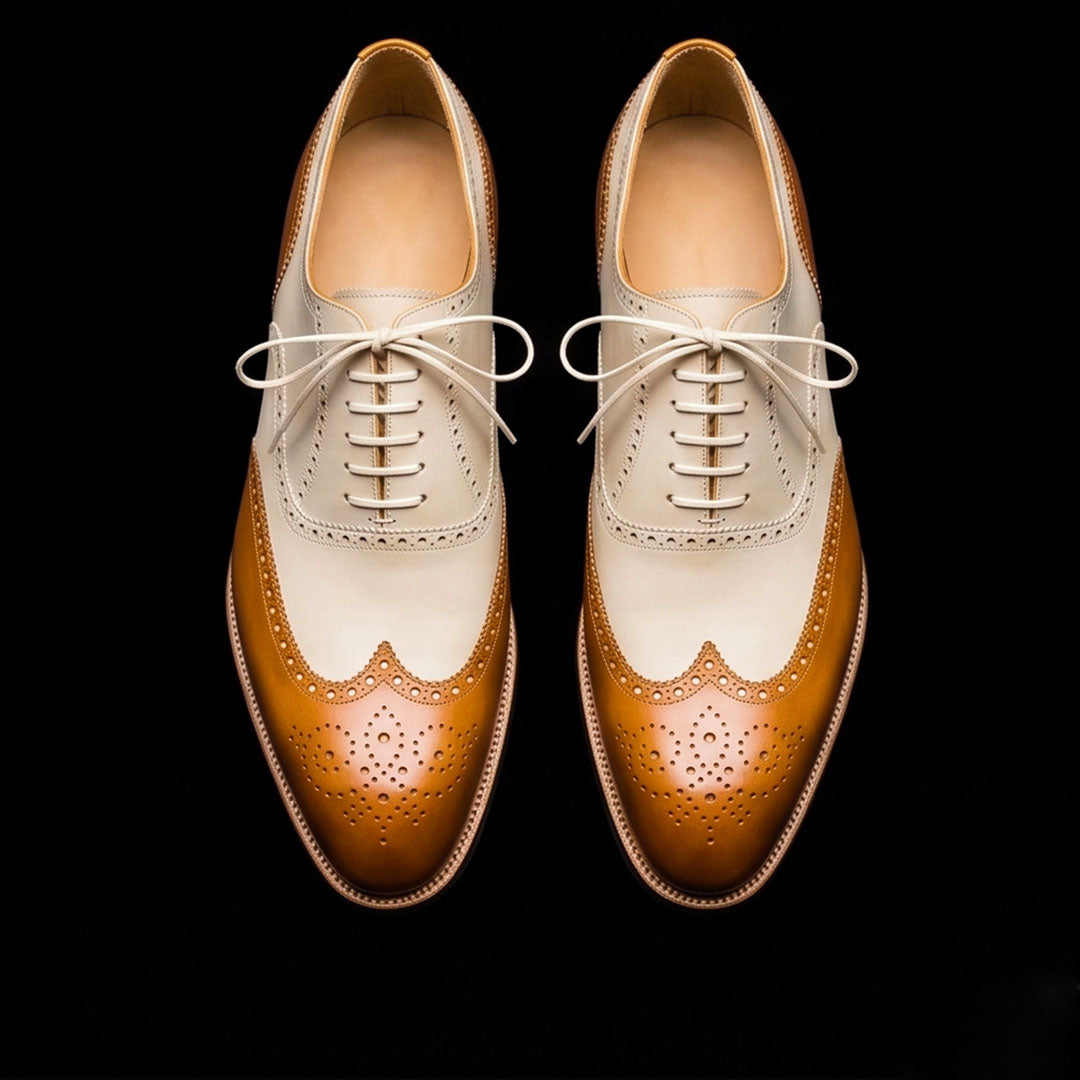 Men's Tan & White Leather Wingtip Dress Shoes