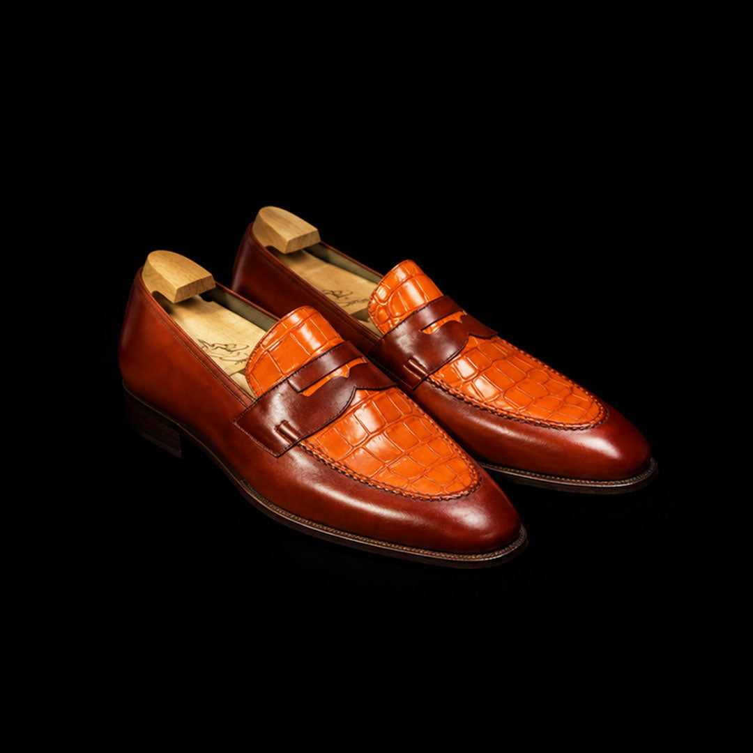 Men's Two Tone Tan Brown Alligator Leather Penny Loafers