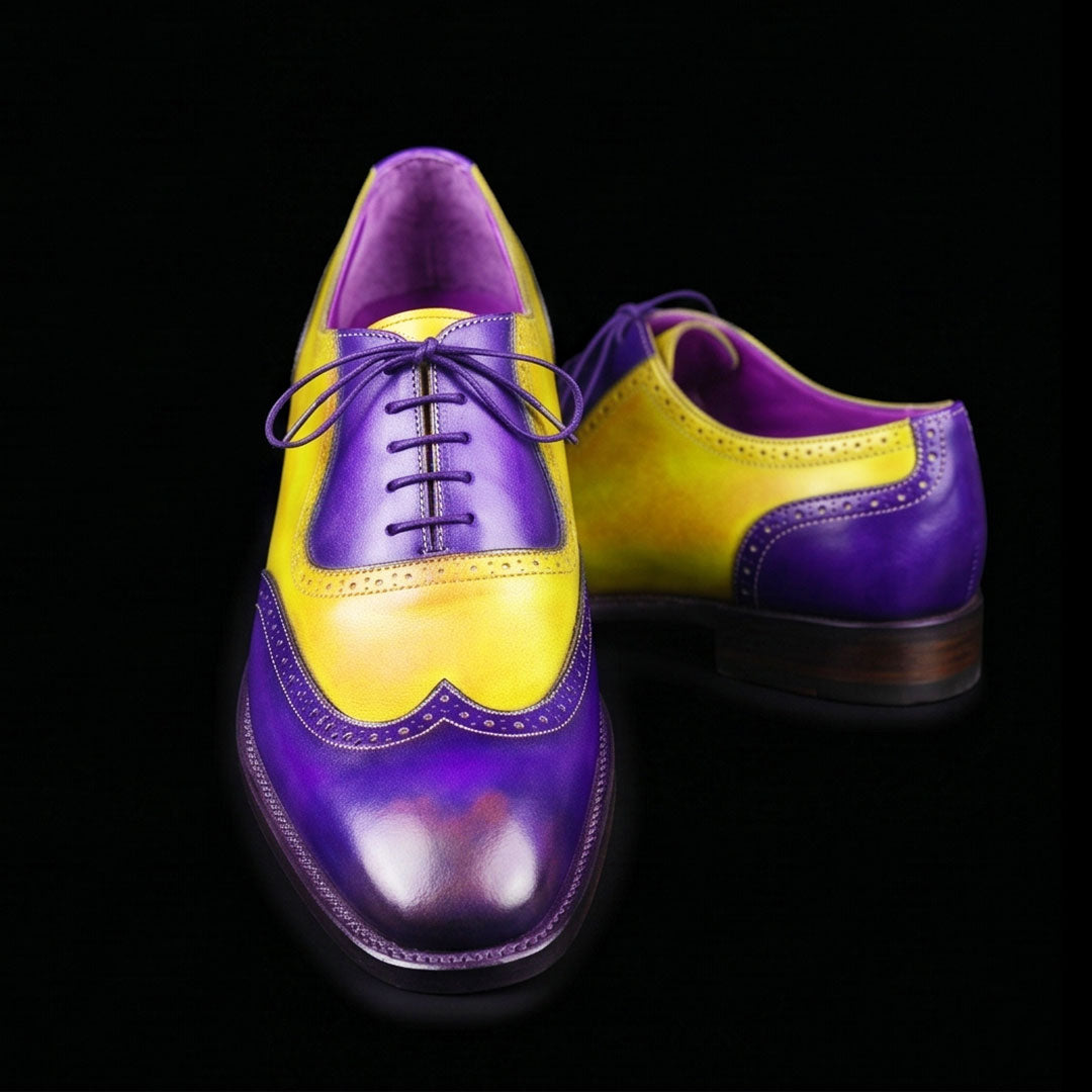 Men's Yellow & Blue Leather Wingtip Oxford Shoes
