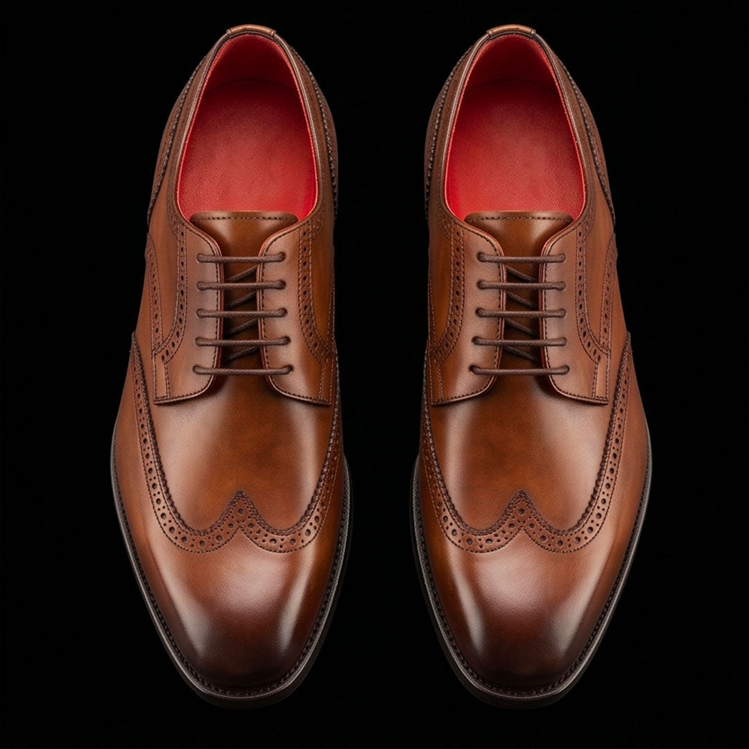 Men's derby in light brown leather with swallow tail and square toe
