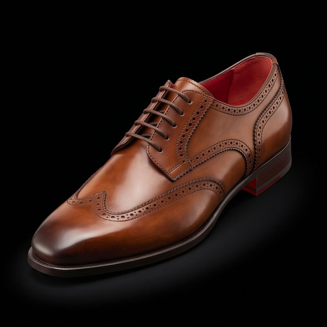 Men's derby in light brown leather with swallow tail and square toe