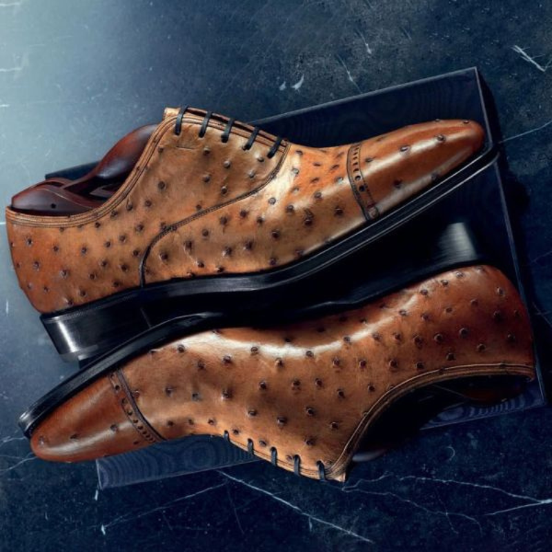 Men's Tan Ostrich Impression Leather Oxford Shoes