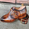 Men's Brown Crocodile Texture Leather Monk Shoes
