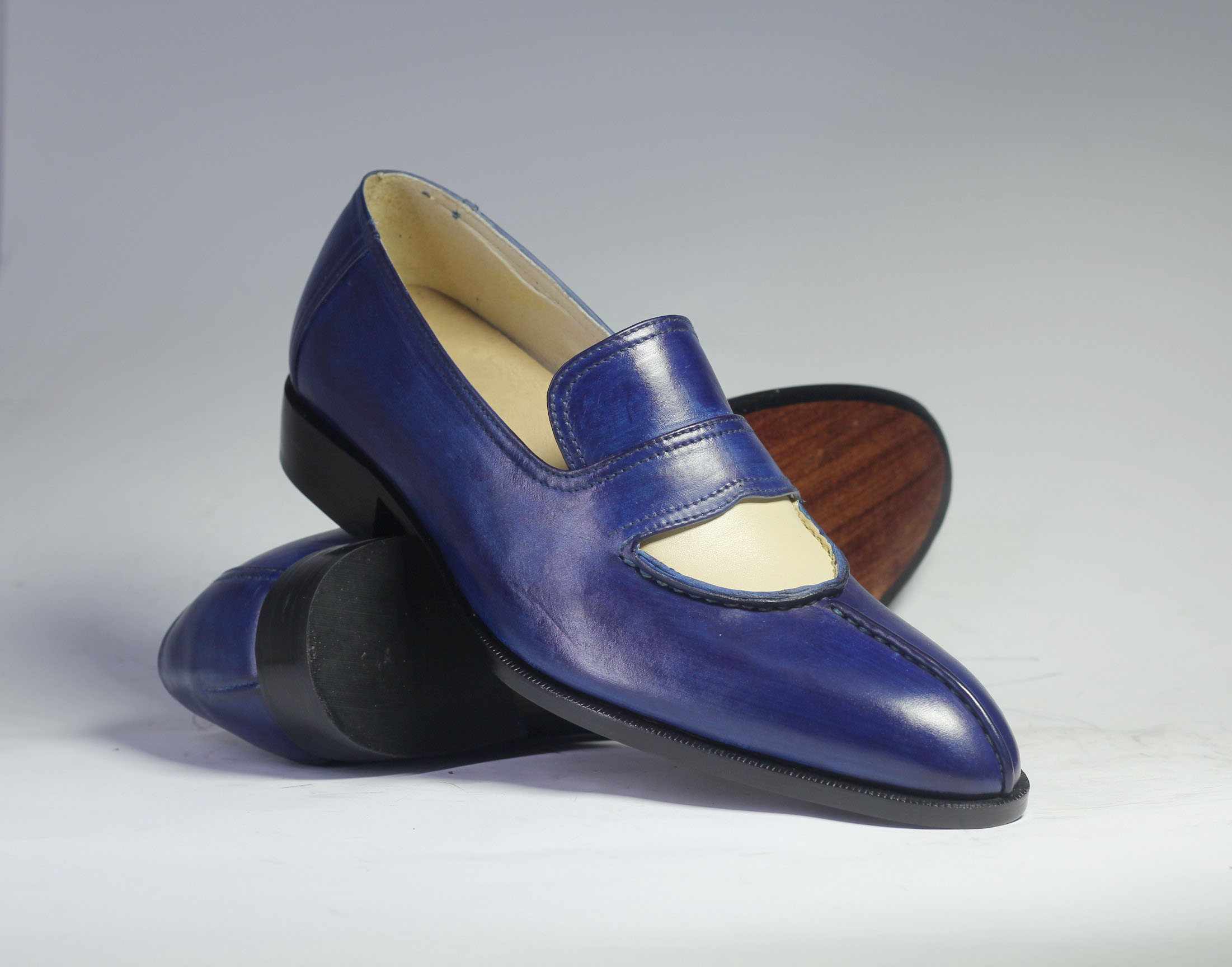 Men's Blue & Beige Patina Leather Moccasin Loafers