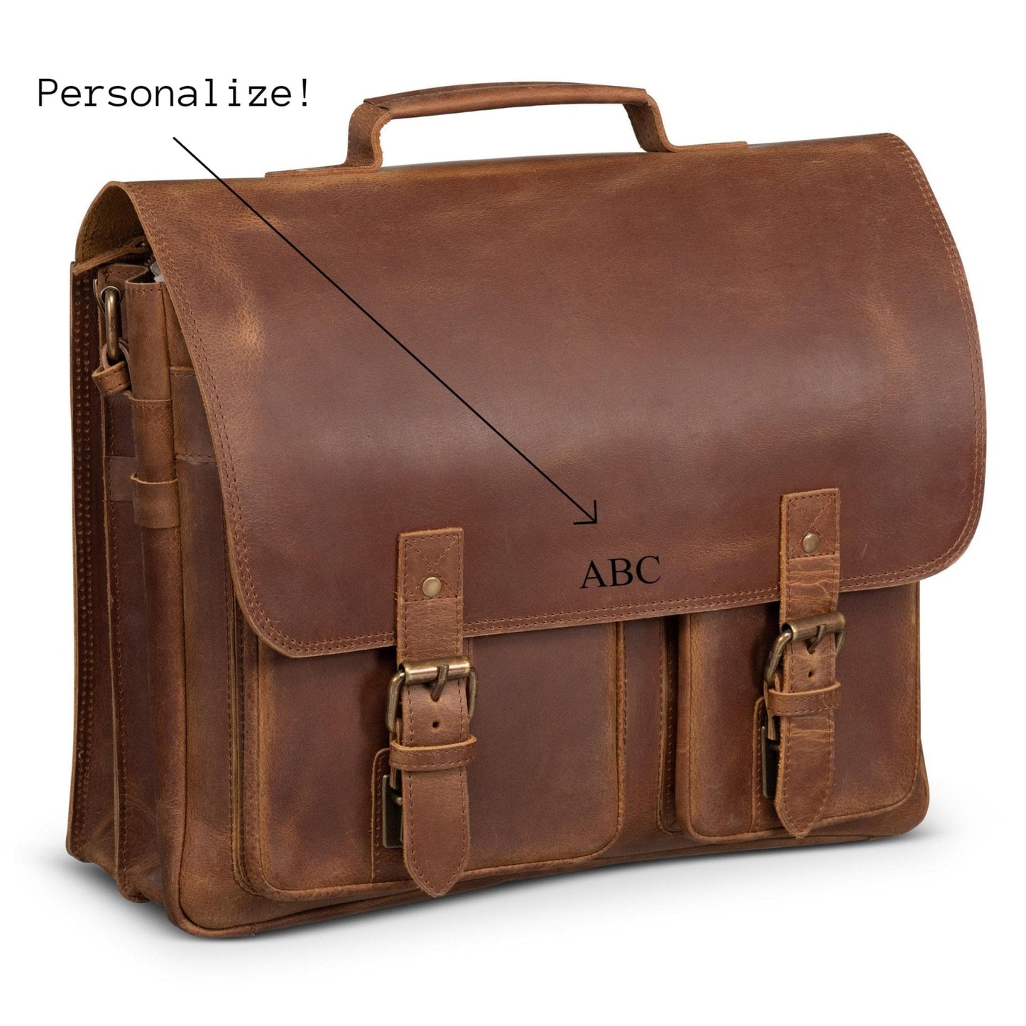Front Pocket Leather Briefcase - Saddle Brown