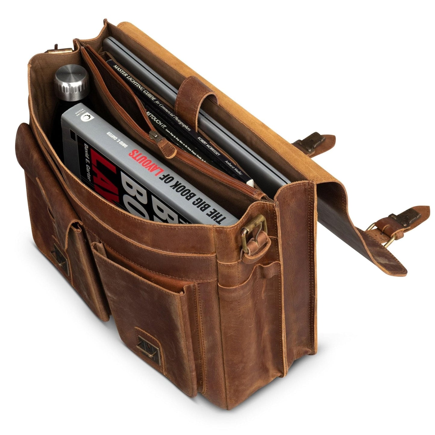 Front Pocket Leather Briefcase - Saddle Brown