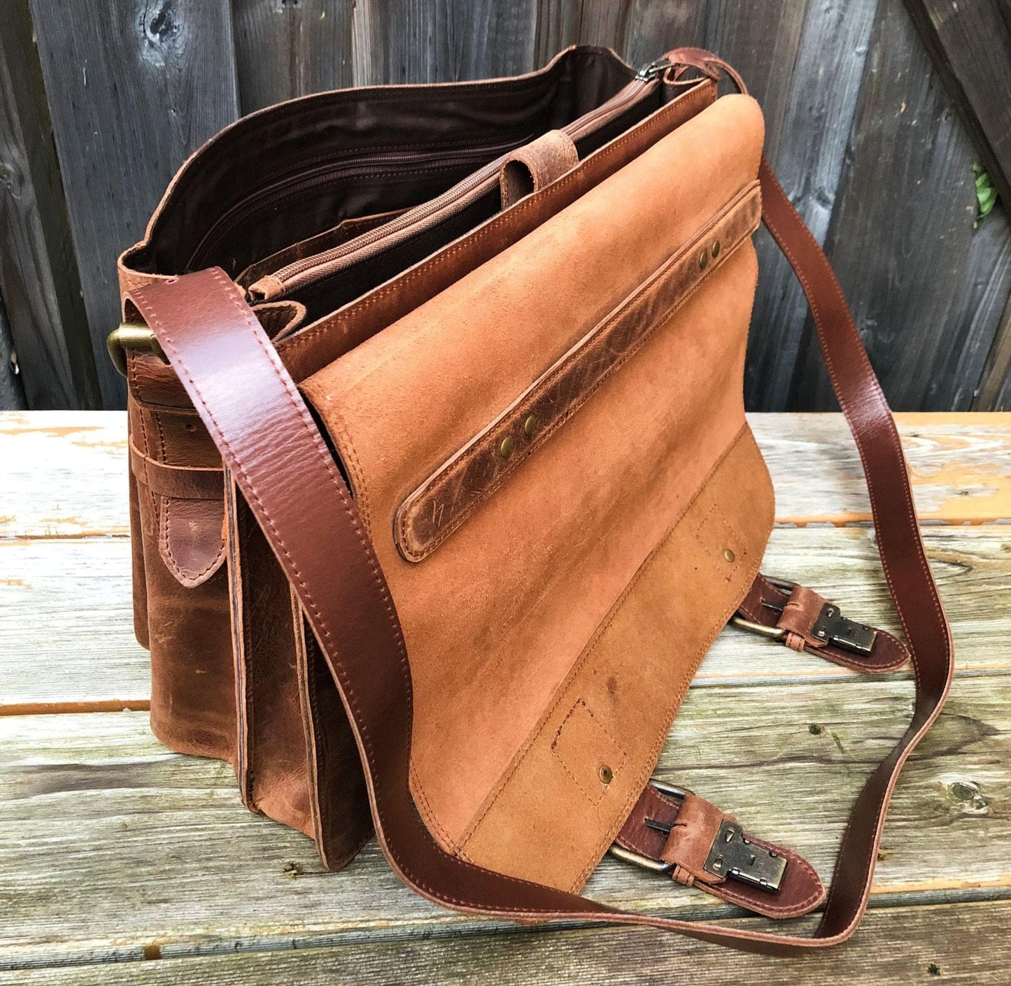 Front Pocket Leather Briefcase - Saddle Brown