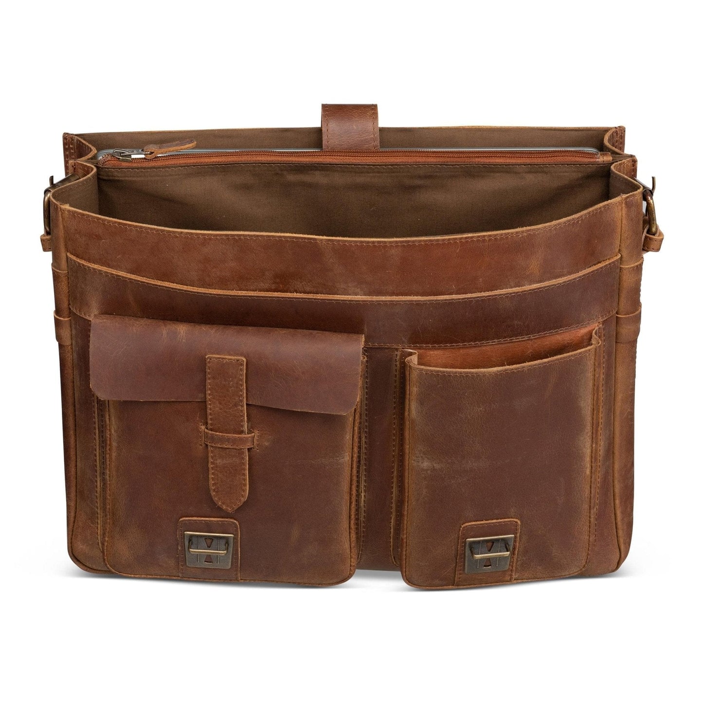 Front Pocket Leather Briefcase - Saddle Brown