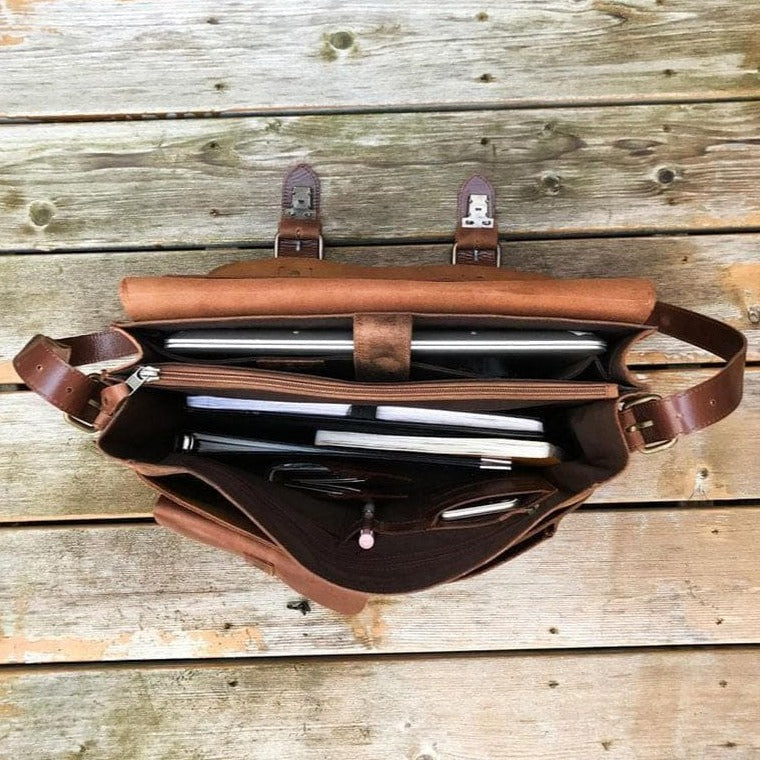 Front Pocket Leather Briefcase - Saddle Brown