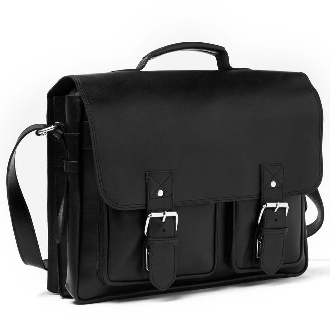 Front Pocket Leather Briefcase - Black