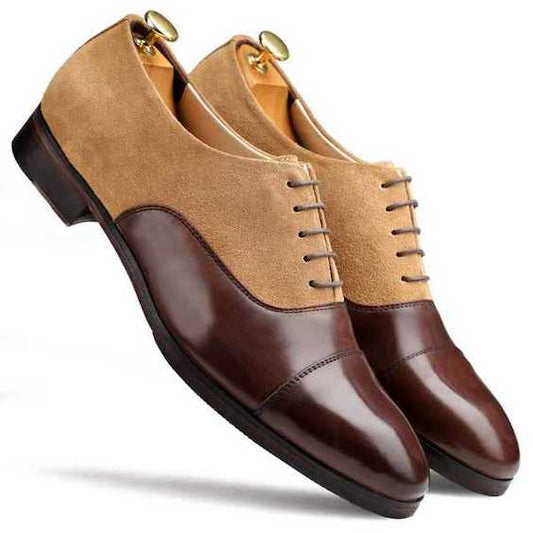 Men's Brown Beige Suede Leather Cap Toe Dress Shoes