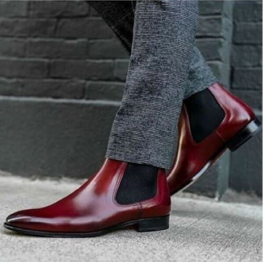 Men's Luxury Ox Blood Leather Ankle High Chelsea Boots