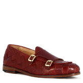 Men's moccasin in woven leather with double buckle in red