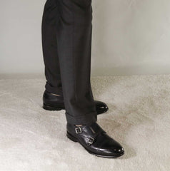 Men's double buckle shoe in dark blue smooth leather