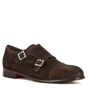 Men's double buckle shoe in dark brown suede