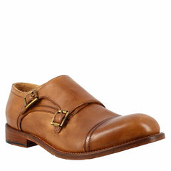 Men's elegant vintage beige double buckle shoe in leather