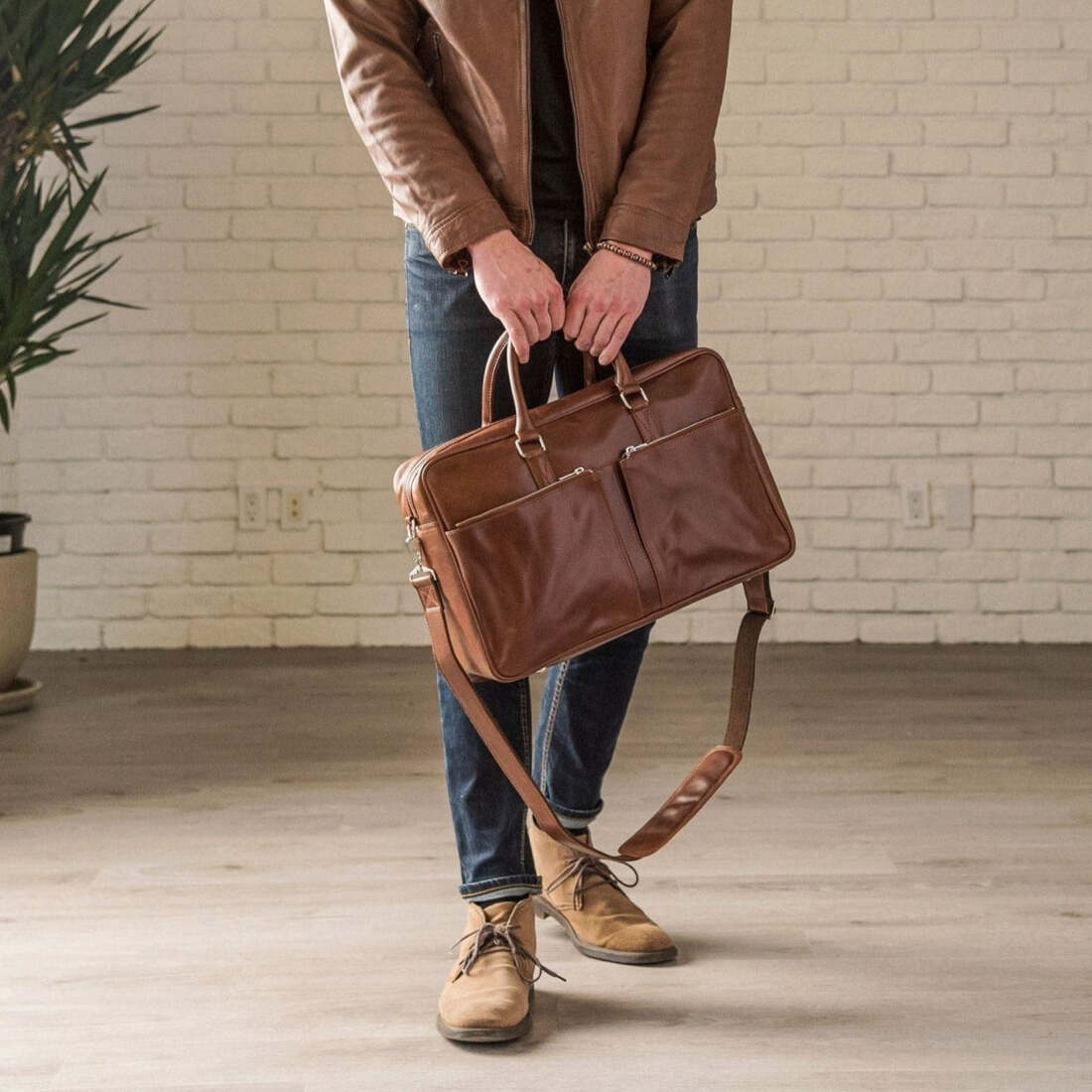 Slim Leather Briefcase 17" - Serena Brown
