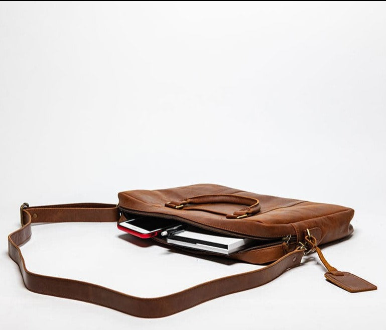 Slim Leather Briefcase 15" - Saddle Brown