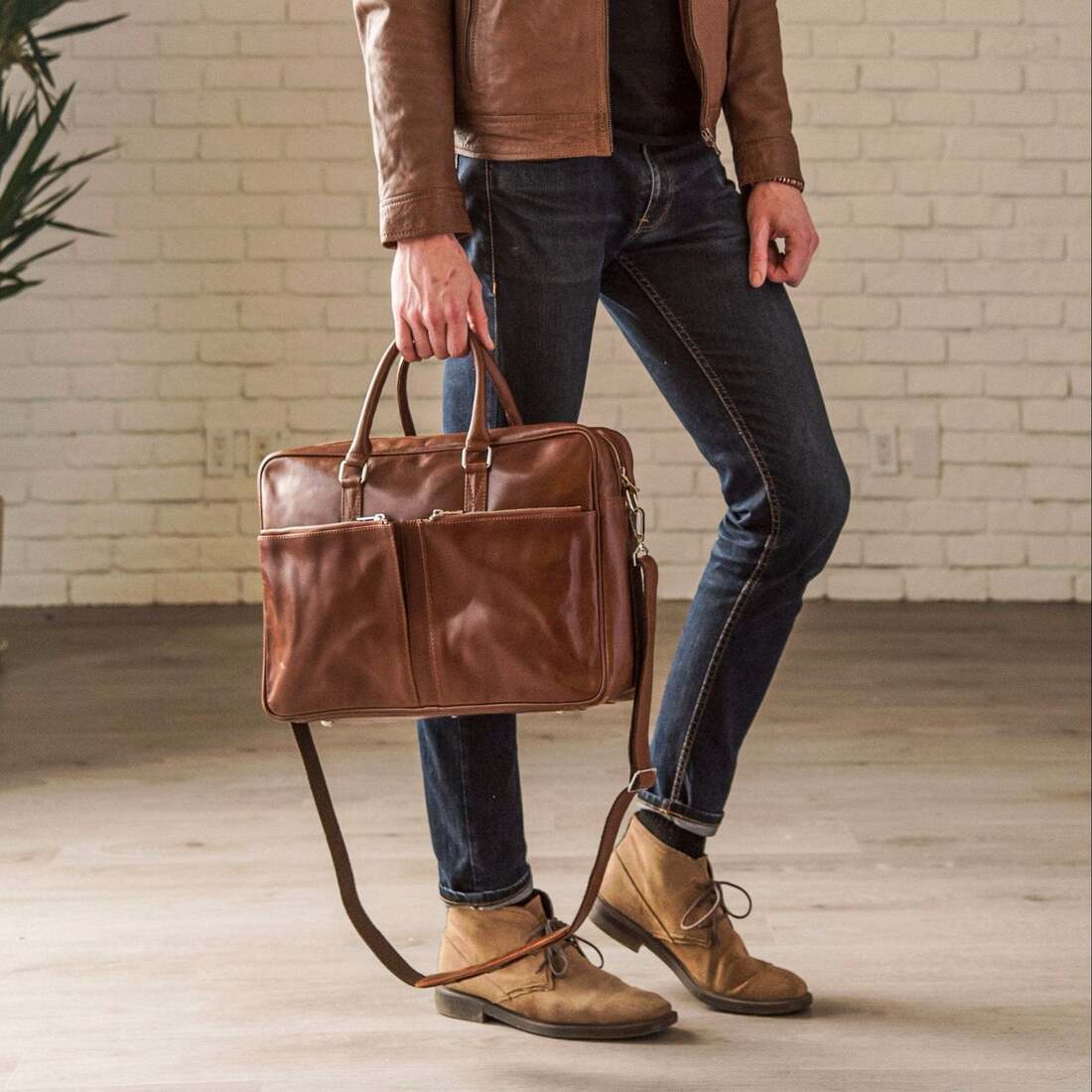 Slim Leather Briefcase 17" - Serena Brown