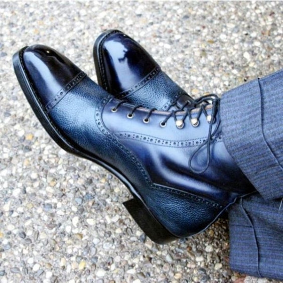 Men's Blue Pebbled Leather Ankle High Boots US 9.5/ UK 9/ EUR 42-43